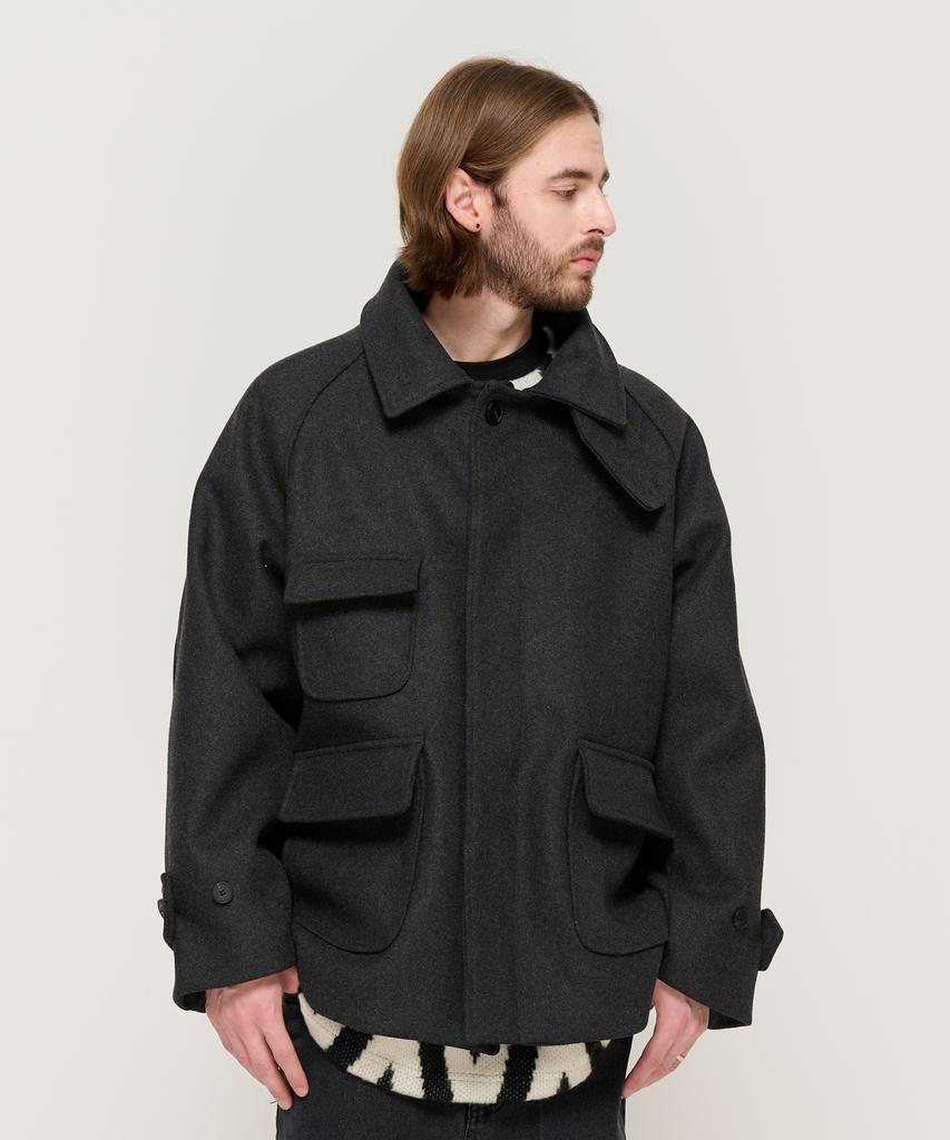 Cargobros Pocket Detail Balmacaan Wool Short Coat (Charcoal)