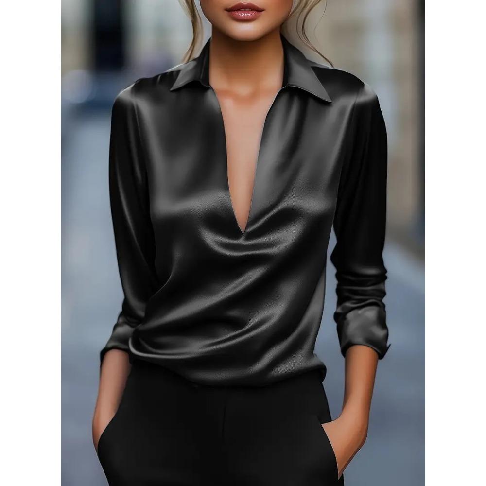 Women's Elegant Solid Color Simple V Neck Long Sleeve Shirt, Casual Office Work Wear Slim Fit Basic Blouse Top