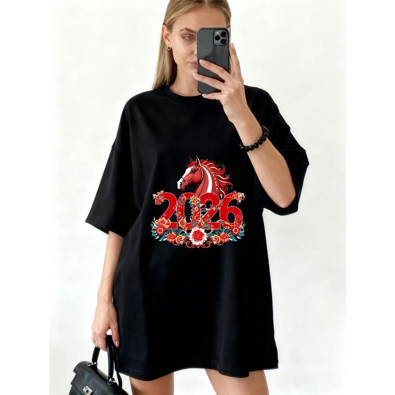 Oversized T Shirt Black Horse 2026 Chinese New Year Floral Design Casual Wear For Women