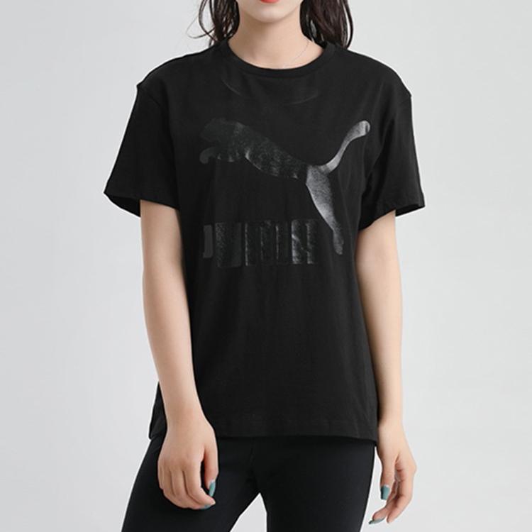 Puma Classic Logo Print Round Neck Short Sleeve T-Shirt Women Tops Black 530005-51