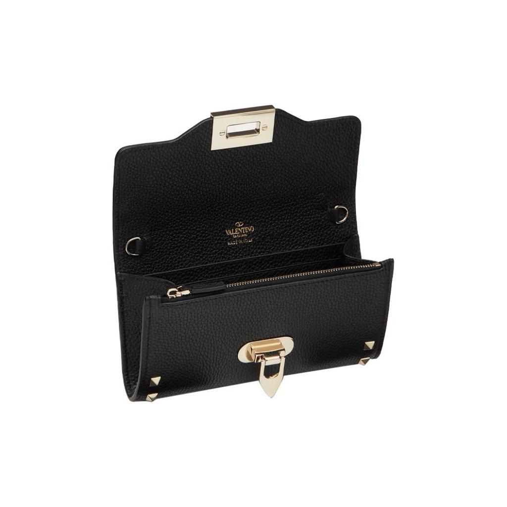 Valentino GARAVANI Grained Leather Wallet with Metal Rivet Buckle Chain Strap Calfskin Women's Black