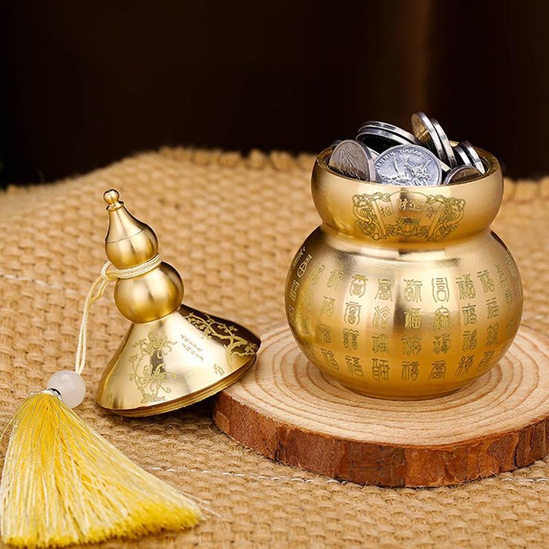 Gourd Ornament: Open-Top Chinese-Style Brass Feng Shui Gourd—Desktop Wealth-Bringing Carved Feng Shui Decorative Item