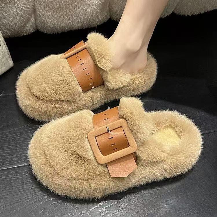 Baotou Mao Mao Slippers Women Wear New Thick-soled Belt Buckle Without Heel Lazy Half-drag Niche Cotton Slippers