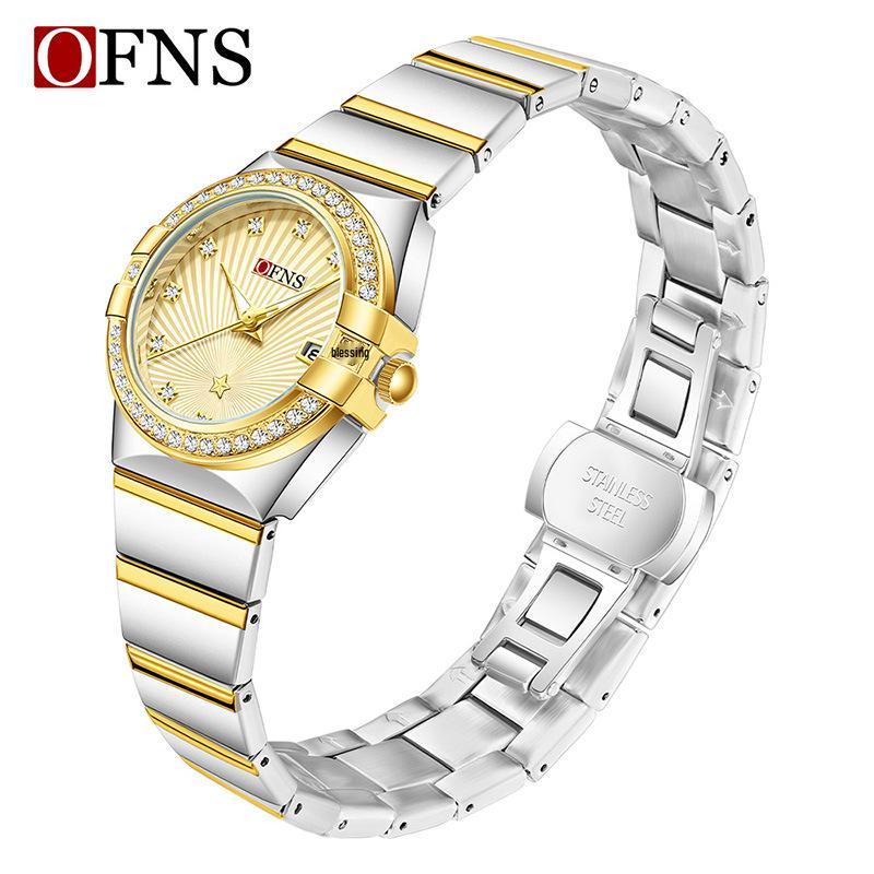 OFNS Women s Luxury Quartz Watch: Diamond-Inlaid Round Dial, Calendar, Waterproof, Luminous, Elegant Design.