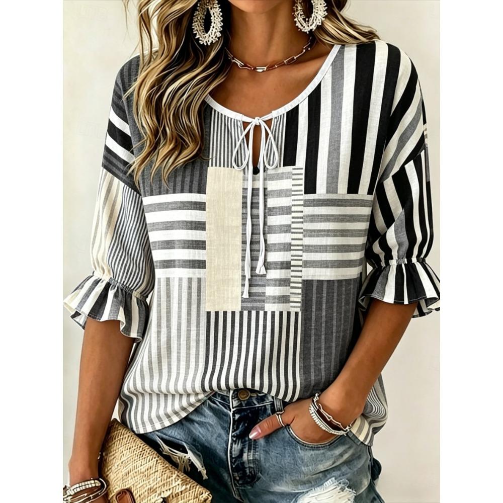 Women's Multicolor Patchwork Striped Print Tie Neck Blouse, Casual Loose Tops for Spring Summer Daily Wear & Vacation Occasions