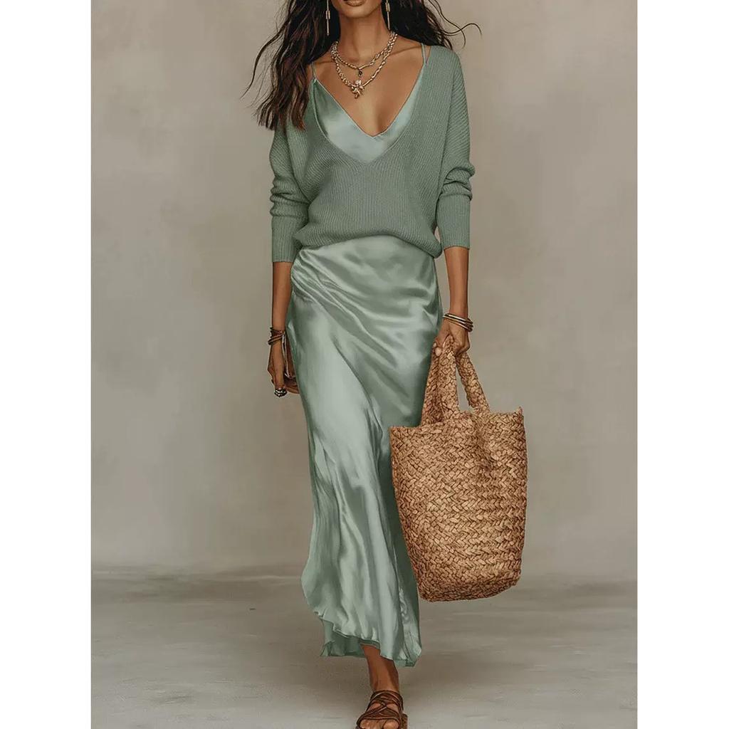 Spring Long Sleeve Loose Sweater Women's Set Elegant V Neck Satin Long Dress Suit Summer Casual Slim Vacation Beach Outfit Mujer