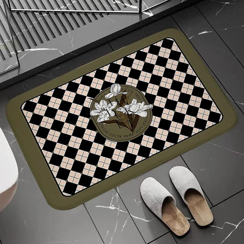 Checkerboard Flower Pattern Door Mats Floor Mats For Bathroom Retro Non Slip Carpets Kitchen Beadroom Entrance Rug Homg Decor