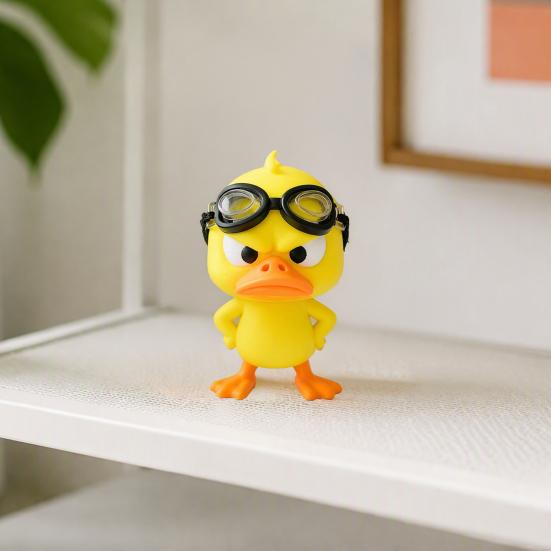 Fun Car Dashboard Decor 3D Printed Angry Yellow Duck Figurine with Detachable Swimming Goggles, Funny Office Desk Ornaments Statue, Desktop