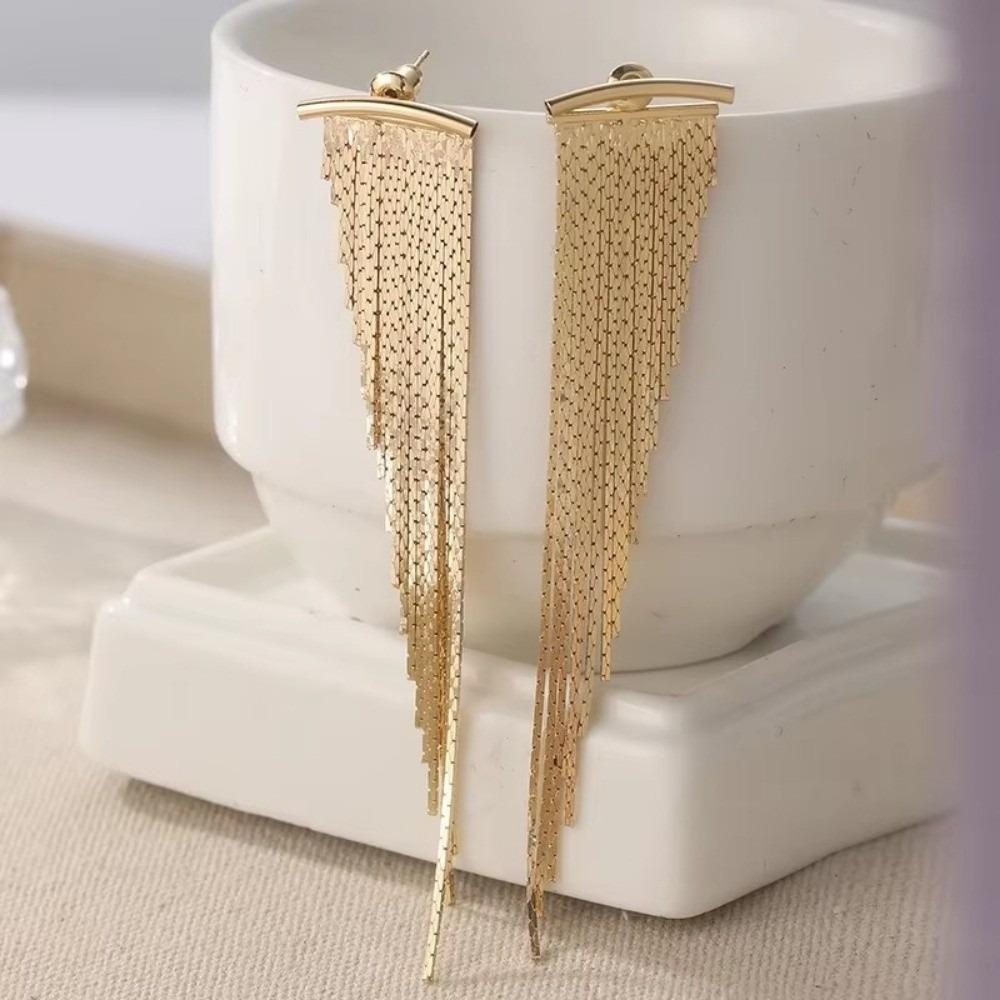 Metal Tassel Stud Earrings Geometric Shining Long Tassel Earrings Light Luxury Design Golden Plated Dangle Earrings
