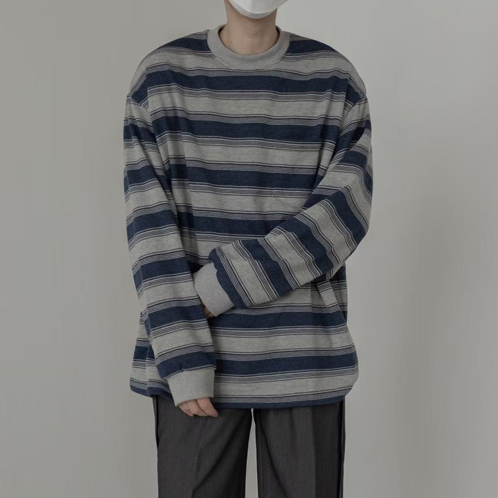 Spring and Autumn New Men's Temperament Casual Round Neck Long-sleeved T-shirt Striped Loose Long-sleeved Sweatshirt Niche Striped Color Matching
