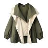Women Windbreaker Hooded Patchwork Colorblock Zipper And Button Closure Long Sleeves Tight Waist