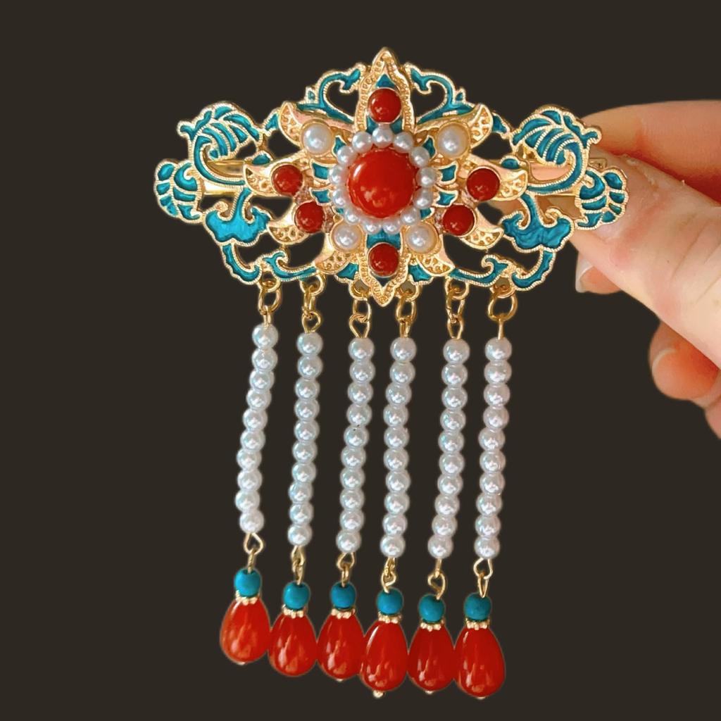 Elegant Blue Cloud Pearl Hairpin with Tassel