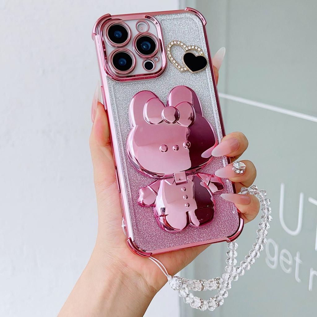 Passer til Apple 16proMax Kjærlighet Kanin Speil Mobilveske Glitter IPhone 15 Kjede 14 Fire Hjørner Anti Fall Deksel