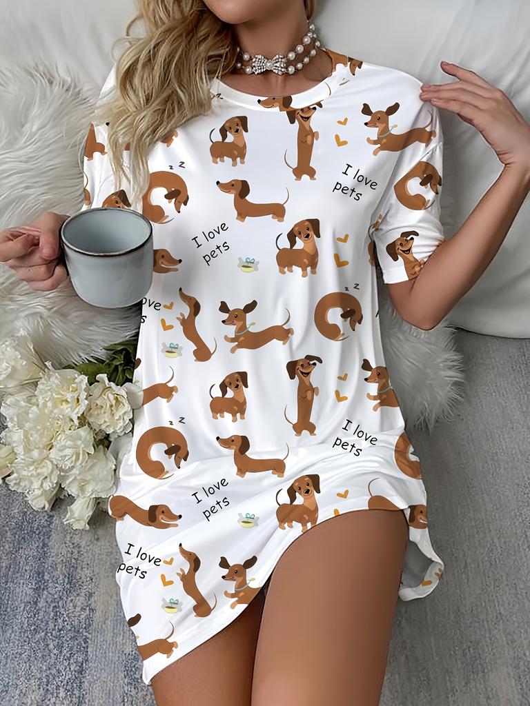 Cartoon Print Round-neck Dress Featuring a Dachshund (also Known as a Sausage Dog) and the Text ;I Love Pets.; Machine-washable Four-season Adult Paja