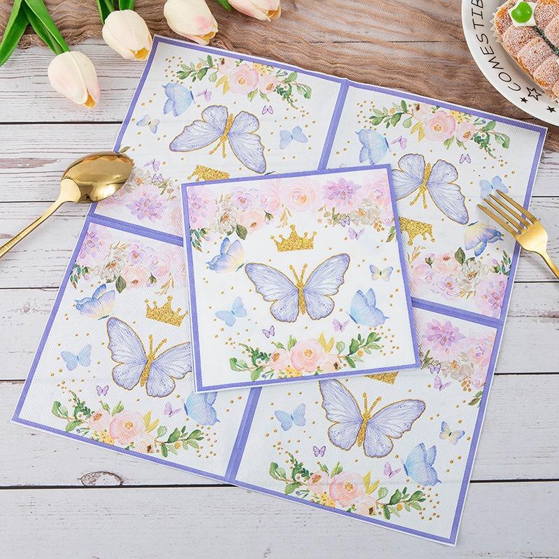 20pcs/lot Cute Pink Rose Flower Paper Napkins Flying Butterfly Theme Cocktail Wedding Birthday Party 2-Ply Square Dinner Napkins