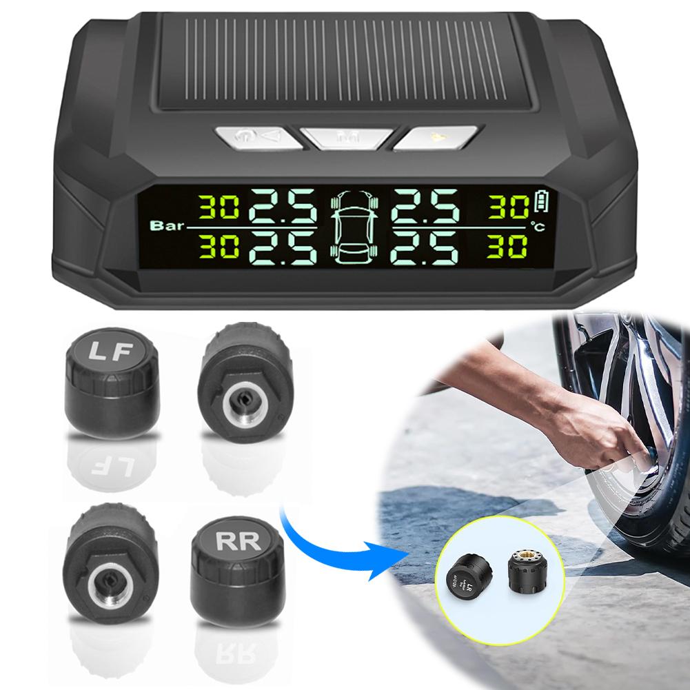 Solar/USB Charging Wireless TPMS W/ 4 External Sensors LCD 2-Digit Display Tire Pressure Monitor System 300mAh Lithium Battery