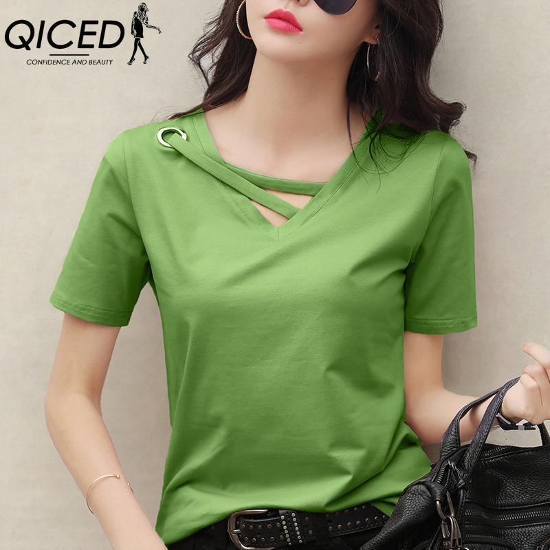QICED Women's Fashion Casual Solid Color Print Short Sleeve V Neck Blouses & Shirts