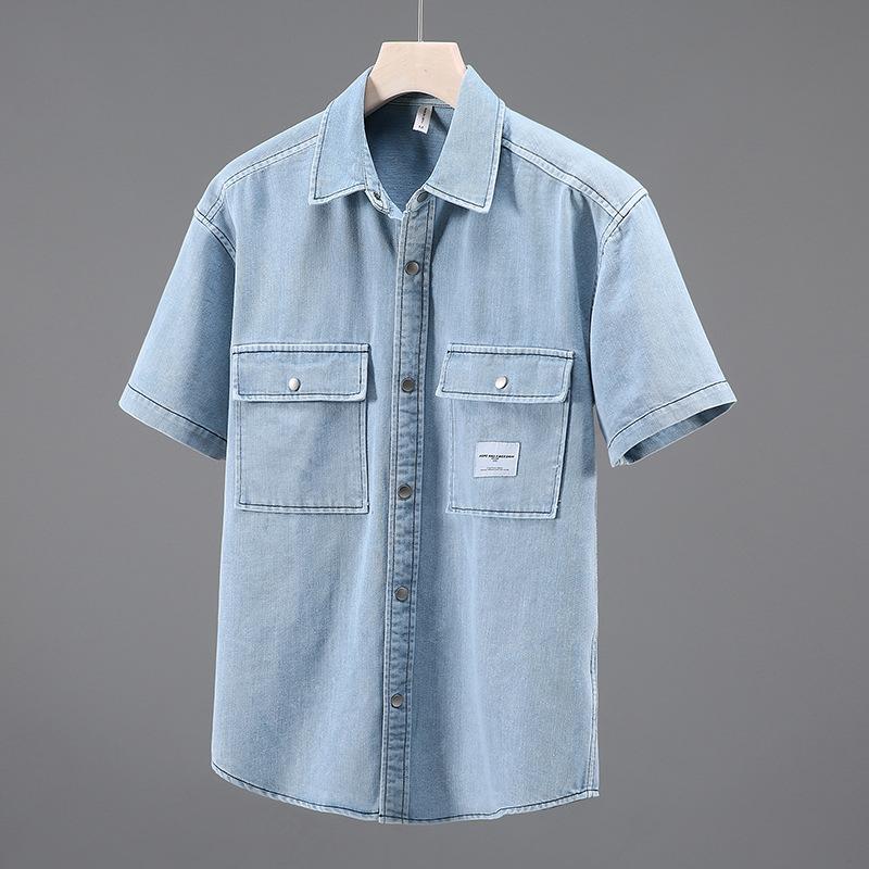 Korean Style Summer Denim Short Sleeve Shirt Men Turn-down Collar Double Pockets Washed Light Blue Jean Shirt Youth Streetwear Casual Tops