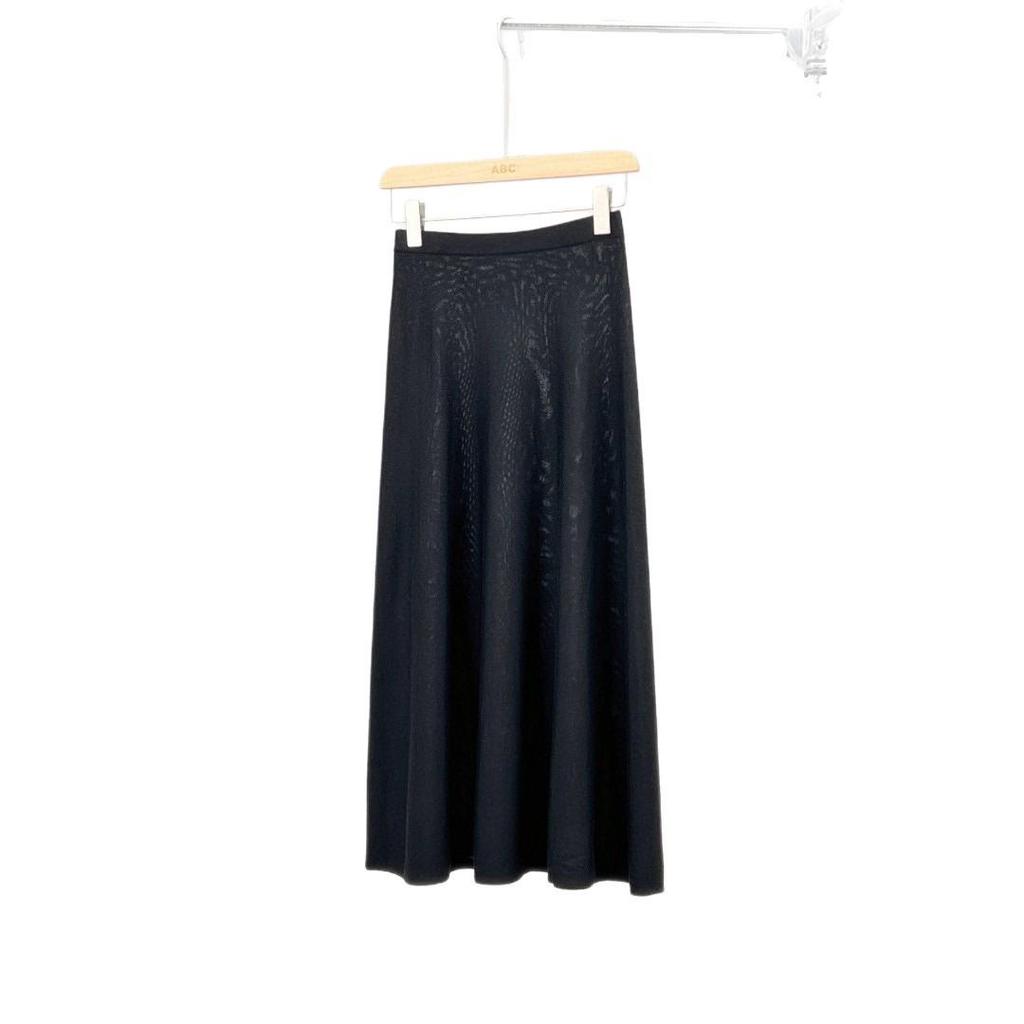 Black Label Women's A-Line Knitted Midi Skirt, Elastic Waist, Yangtze Yarn 2-Ply 48s Wool, Black Grey