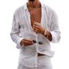 Men Lapel Long Sleeve Shirt Tops Pleated Thin Solid Color Single Breasted V-neck Casual Style Breathable Shirt