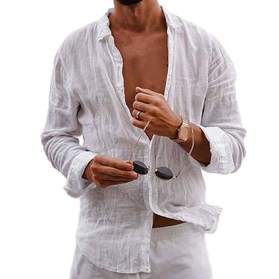 Men Lapel Long Sleeve Shirt Tops Pleated Thin Solid Color Single Breasted V-neck