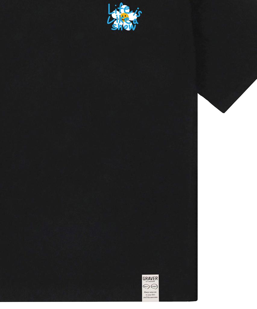 GRAVER [Unisex] Drawing Letter Flower Short Sleeve T-Shirt_Black/Blue Logo