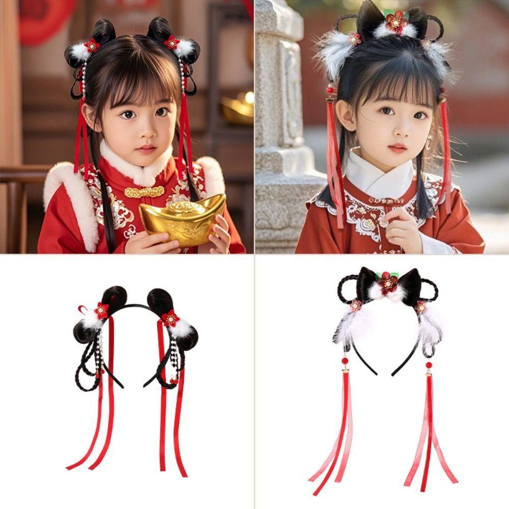 Tassel Children Wig Headband Flower New Year Hair Accessories Bow Princess Hairband  Girls
