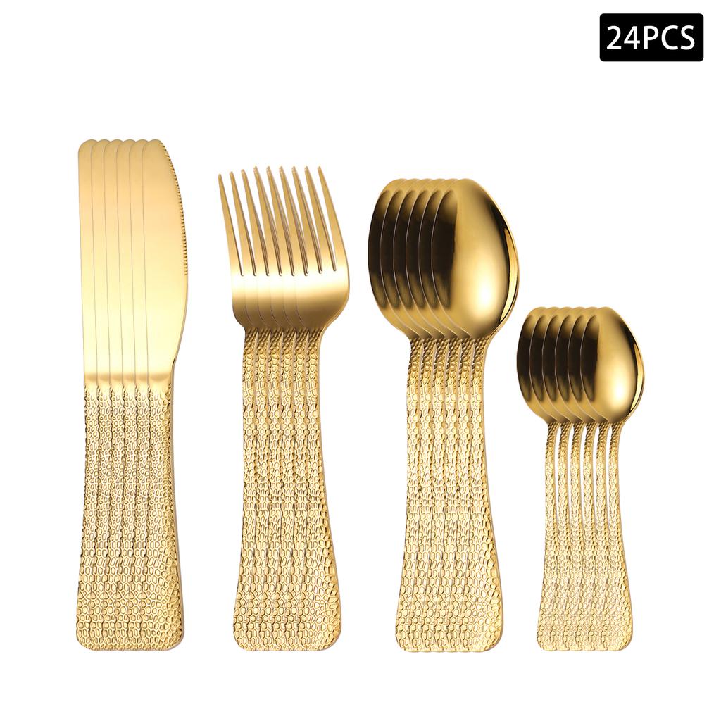 4/6/16/24pcs Gold Snakeskin Round Handle Cutlery Set Stainless Steel Knife, Fork and Spoon Home High-end Western Tableware