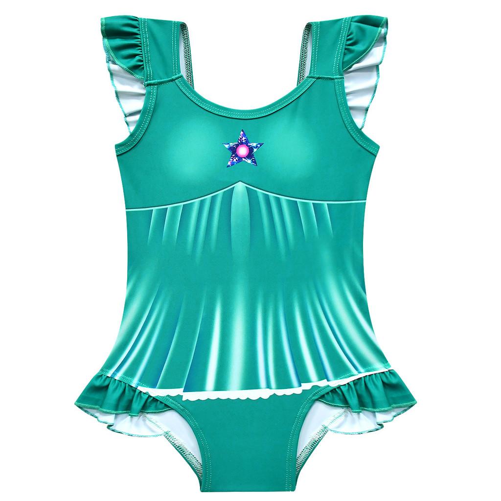 20854 Kids Girls Princess Rosalina Print Ruffle Sleeveless One-piece Swimsuit Swimwear 100cm зелёный