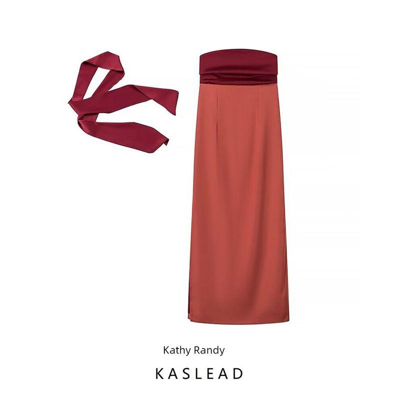 

Kaslead New Arrival Women s Clothing Fashion Style Fashion Silm Satin Tube Top Color Matching Scarf Decoration Dress Image color L