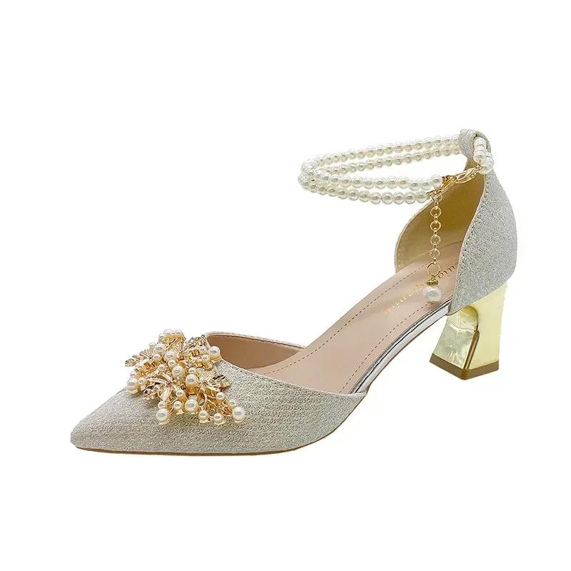Fashion Shoes for Women Fashion Pointed Metal Beaded Solid Women's High Heels Summer Leisure Banquet Women Wedding Dress Pump 2025