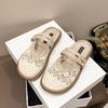 Grid Linen Lace Casual Non-slip Breathable Large Size Ethnic Style Linen Lace Casual Flat-bottomed Slippers Women