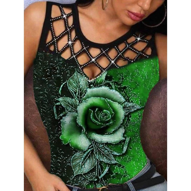 women's Rhinestone Hollow Out 3D Rose Print Slim Fit Tank Top Sleeveless Casual Camisole Top