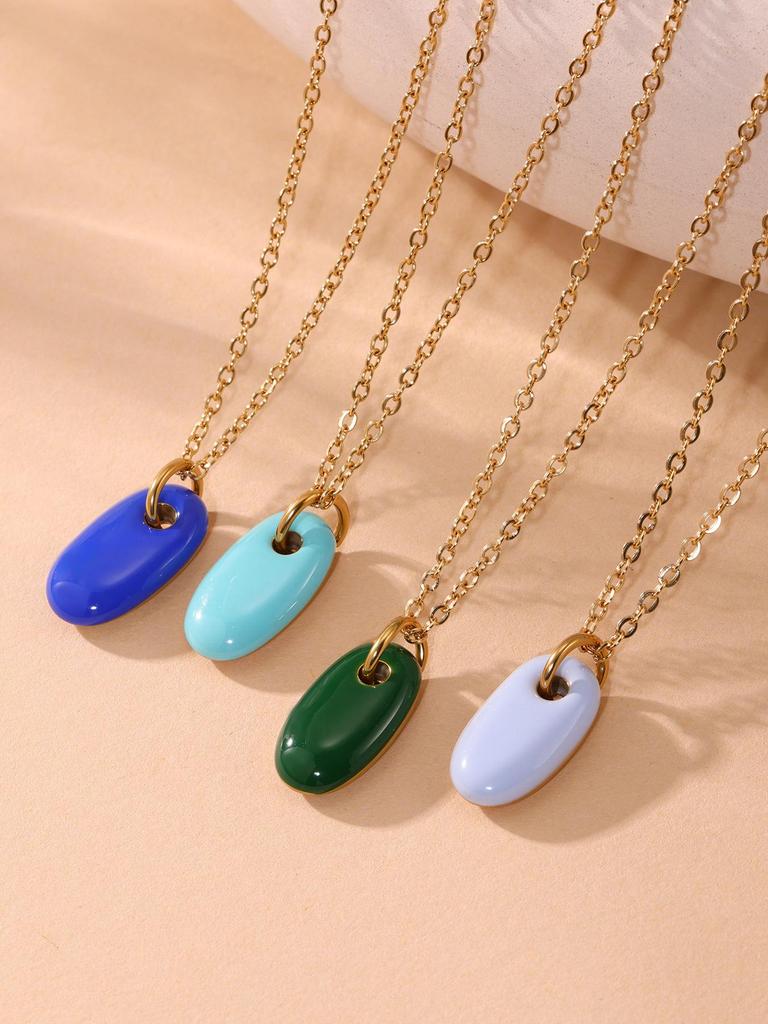 Morandi Color Oval Enamel Drop Pendant Necklace, Simple & Elegant Clavicle Layer, Stainless Steel Chain, Non-Fading.