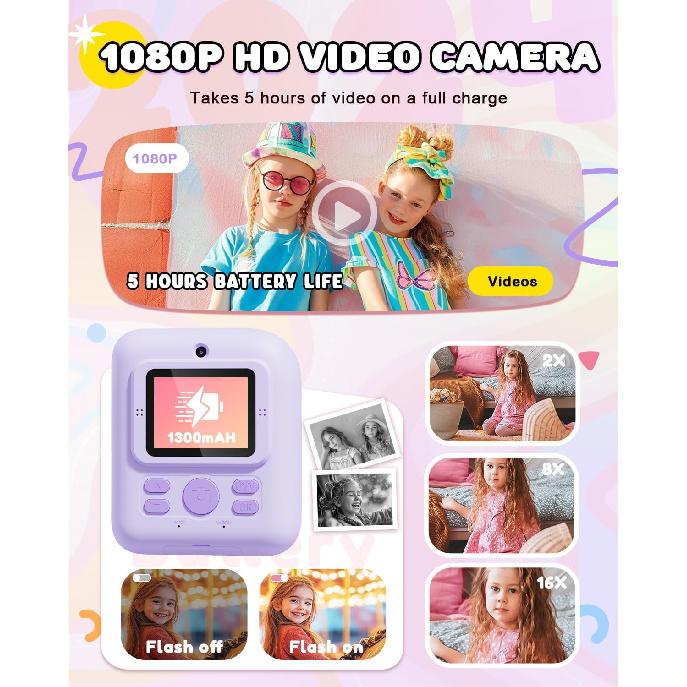 Kids Camera Instant Print, Upgrade Dual-Lens Selfie Digital Camera for Kids, Christmas Birthday Gifts Toys for Boys Girls Age 3-12, HD 1080P Kids