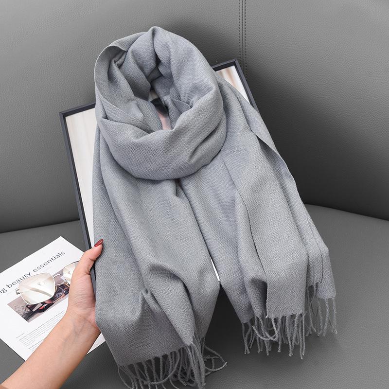 Scarf Winter Women'S Cashmere Literary And Artistic Thickening Warm Dual-Purpose Solid Color Fashion Atmosphere Scarf
