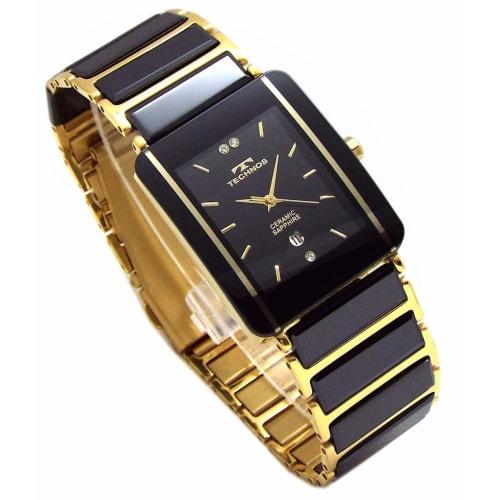 TECHNOS Men's Classic Ceramic Watch with Black Dial and Genuine Leather Bracelet (TSM903GB-SET)