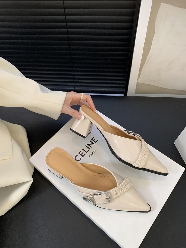 Mode Spitzschuh Damen Pantoletten Mules Schuhe Dicke Hohe Absätze Sommer Draußen Party Pumps Gürtelschnalle Flach Slip On Party Pumps 35-39