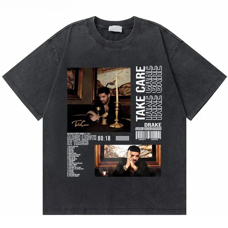 Washed Vintage Rapper Drake Take Care Album Graphic T Shirts Men Hip Hop Retro Tshirt Mens Fashion Casual Oversized Tee Shirt