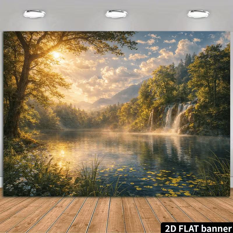 2D Printed Lake Waterfall Backdrop Forest Sunrise with Lily Pads Background Cloth 47.2x31.5inch/120*80cm