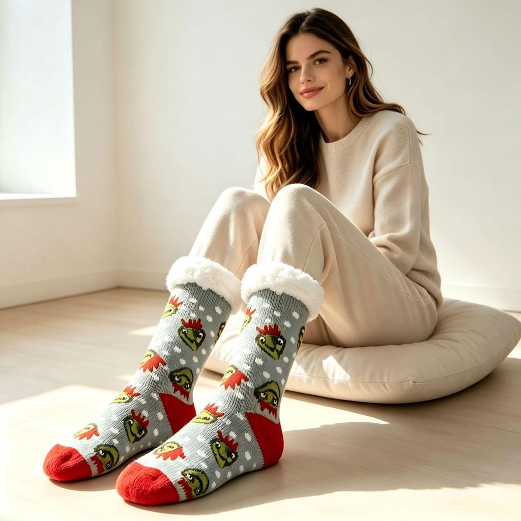 Women's Plush Coral Fleece Winter Christmas Snow Stockings - Cozy Home and Sleep Floor Socks in Stock