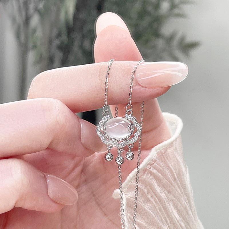 Chalcedony Long Life Ruyi Necklace: Elegant Safety Lock Bell, Versatile Chinese Clavicle Chain Design.