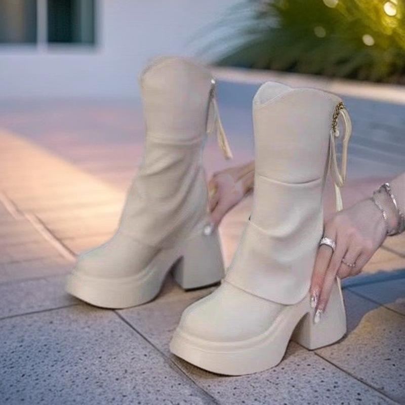 

[3265 people s collection] Small thick-soled heightening medium tube Martin boots women s round head new waterproof platform European and America 35
