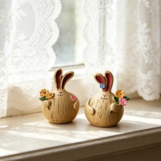 2 Pcs Easter Bunny Figurine Cute Round Garlic Bunny Statue Resin Rabbit Sculpture for Shelf Mantel Tabletop Spring Indoor Decoration