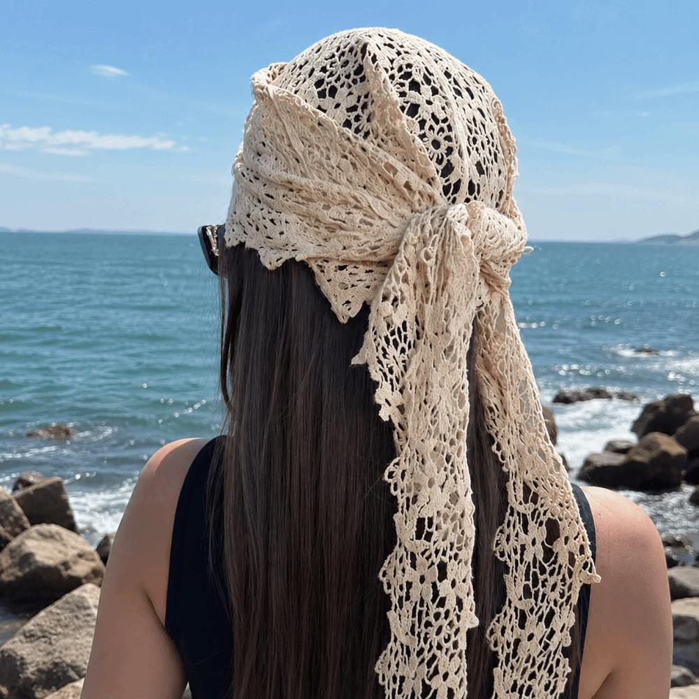 Sheer Mesh Floral Lace Scarf Hollow Design Crochet Headscarf Cute Beach Hair Band  Beach Outfits