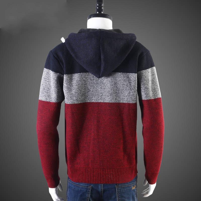 Spring Autumn Hooded Warm Sweater for Men with Thick and Velvet Men Knitted Sweatercoats Patchwork Jacket