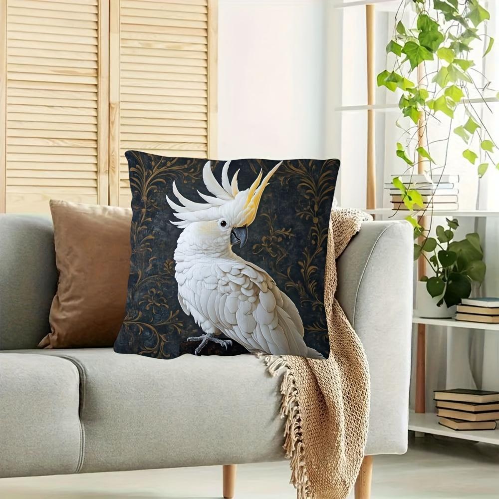 1Pc Sulphur-Crested Cockatoo Decorative Pillow Cover, 18"X18" - Vibrant White Cockatoo With Golden Crest Design, Traditional Sty