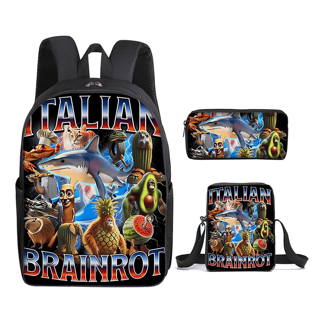 Italian Brainrot 3Pcs/Set Backpack With Messenger Bags ,Pencil Bags For Boy/Girls Best Gift 2D Flat Cartoon Student School Bags