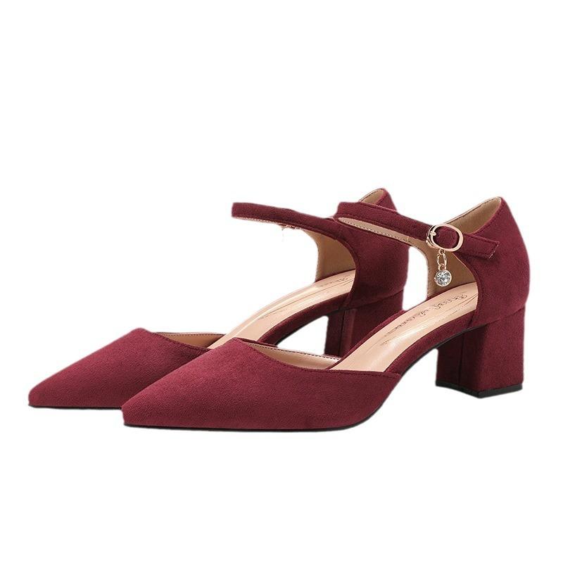 Pointed thick heel high heels mid heel 2025 new hollow women's shoes comfortable versatile fashion work shoes solid color black