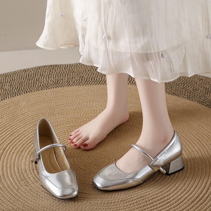 French Mary Jane Women'S Shoes Soft Leather Coarse Heel Late Evening Wind Small Leather Shoes Versatile High Heels Medium Heel Single Shoes